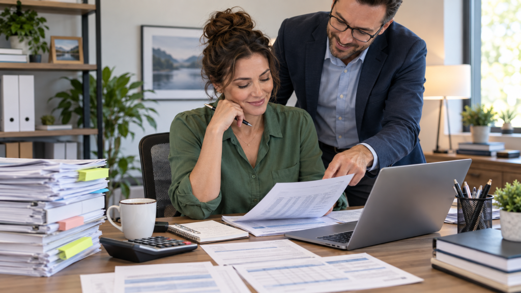 Small business owner reviewing payroll paperwork with a professional advisor at a desk with a laptop, calculator, and organized documents.
