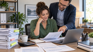 Small business owner reviewing payroll paperwork with a professional advisor at a desk with a laptop, calculator, and organized documents.