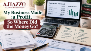 A. Mazzo Accounting Services graphic showing profit and loss reports, invoices, cash flow charts, calculator, and business accounting notes